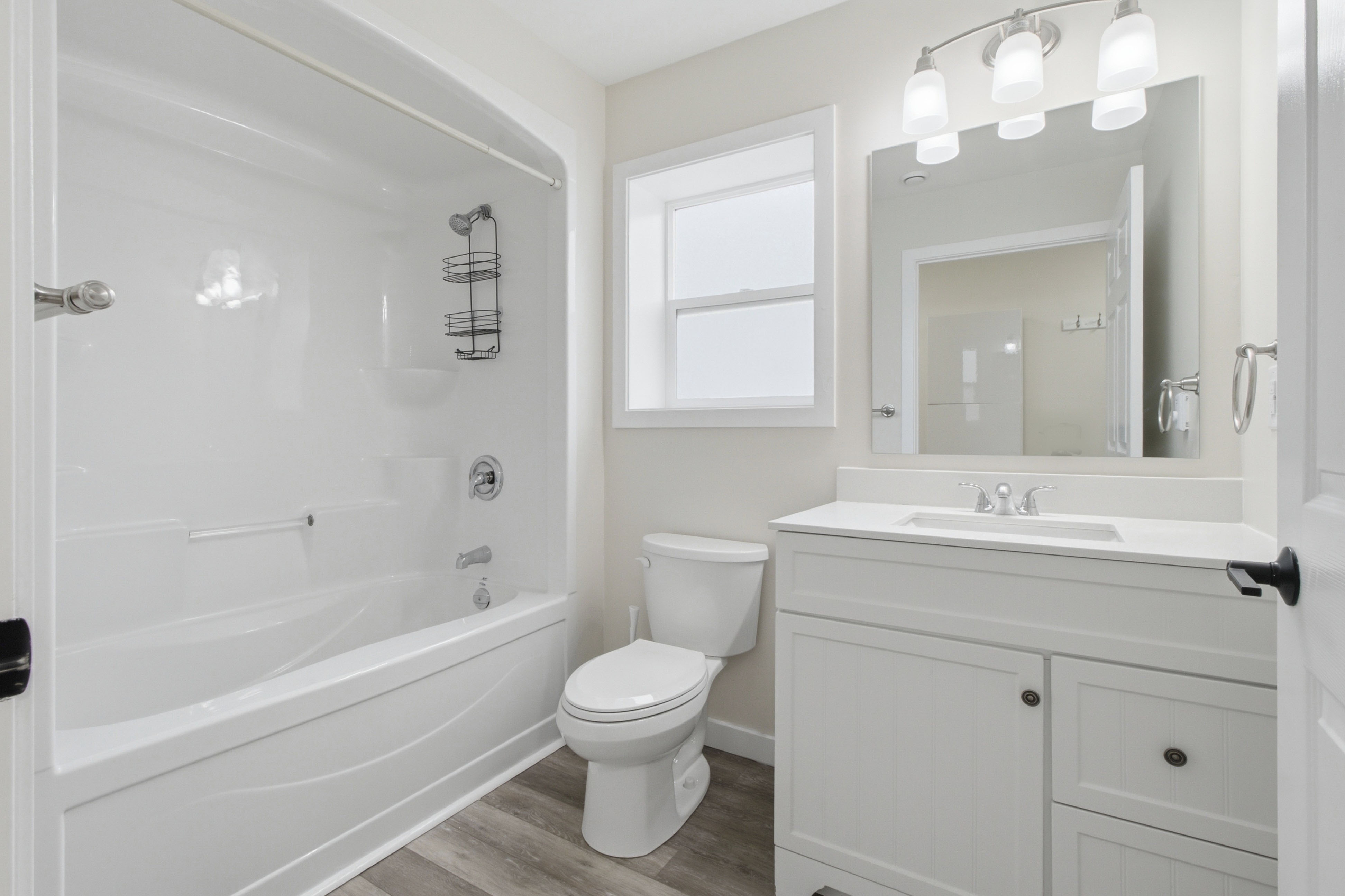 Full bathroom with a tub-and-shower combination, a white vanity with mirror, and a frosted-glass window